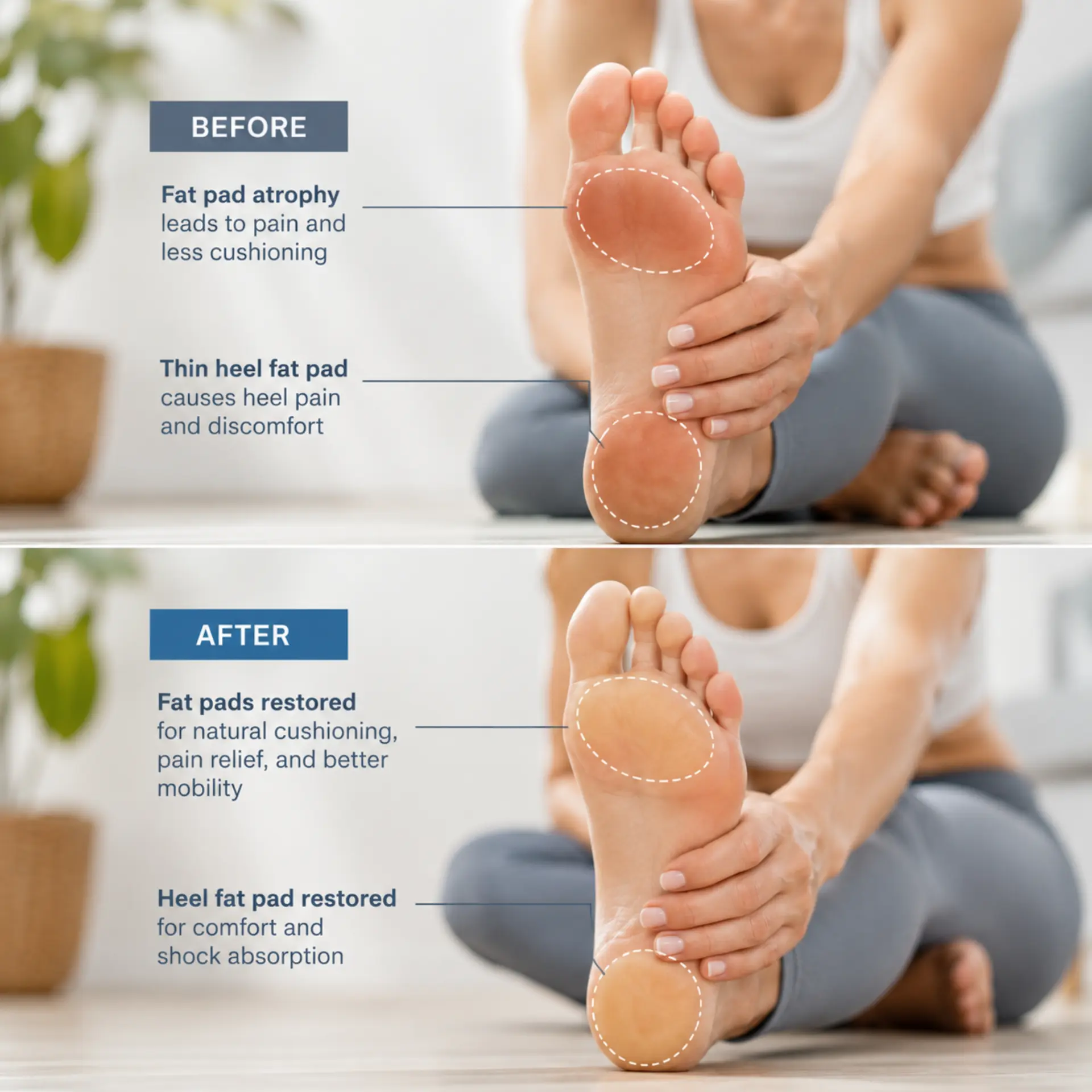 Before and after fat pad restoration on the sole of the foot