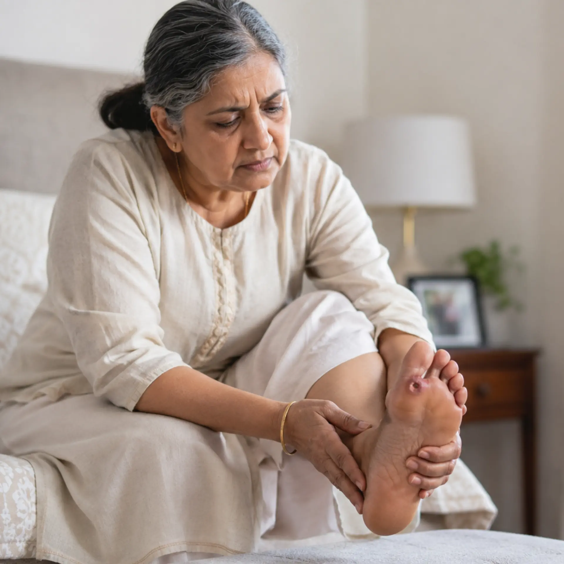 Woman inspecting a diabetic foot wound