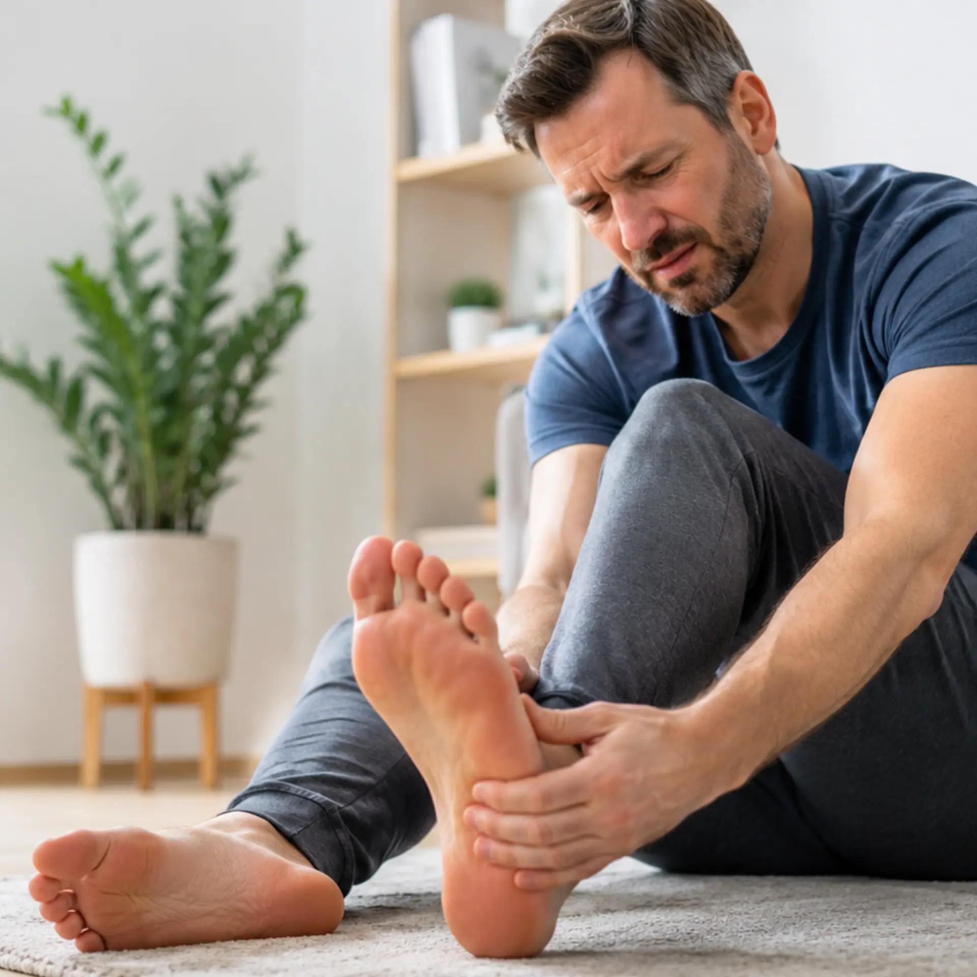 Man holding his heel in pain from plantar fasciitis
